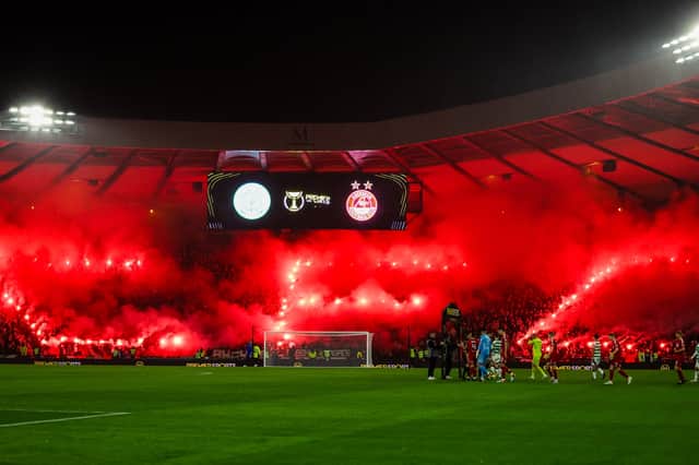 Celtic fans' pyro display at the Premier Sports Cup semi-final against Aberdeen at Hampden Park, on November 02, 2024. (Photo by Roddy Scott / SNS Group)