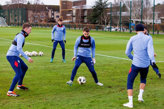 Hearts train ahead of Saturday's Premiership match against Dundee.