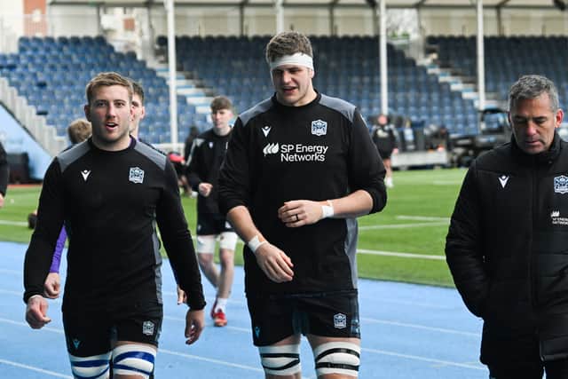 Matt Fagerson, Scott Cummings and head coach Franco Smith during a Glasgow Warriors training session at Scotstoun.