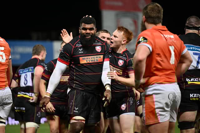 Albert Tuisue of Gloucester celebrates after scoring his side's second try.