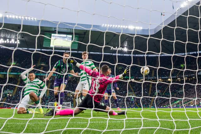Arne Engels opens the scoring for Celtic against Hibs.