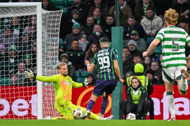 Hibs striker Mykola Kuharevich was twice denied by Kasper Schmeichel.
