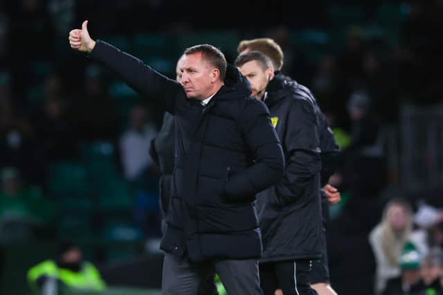 Brendan Rodgers gives the thumbs-up from the touchline during Celtic's 3-0 win over Hibs.