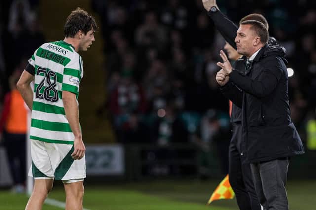 Celtic manager Brendan Rodgers gives instructions to Paulo Bernardo.