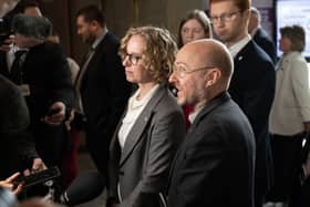 Scottish Green Party co-leaders Lorna Slater and Patrick Harvie speak to the media at the Scottish Parliament after First Minister Humza Yousaf terminated the Bute House agreement with immediate effect