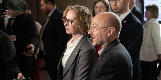 Scottish Green Party co-leaders Lorna Slater and Patrick Harvie speak to the media at the Scottish Parliament after First Minister Humza Yousaf terminated the Bute House agreement with immediate effect