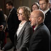 Scottish Green Party co-leaders Lorna Slater and Patrick Harvie speak to the media at the Scottish Parliament after First Minister Humza Yousaf terminated the Bute House agreement with immediate effect