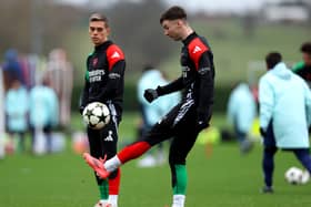 Kieran Tierney trains with Arsenal on Tuesday ahead of the Champions League match against Monaco. (Photo by Harry Murphy/Getty Images)