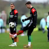 Kieran Tierney trains with Arsenal on Tuesday ahead of the Champions League match against Monaco. (Photo by Harry Murphy/Getty Images)