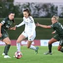 Caroline Weir of Real Madrid is challenged by Amy Gallacher and Natalie Ross of Celtic. Cr: Getty Images.