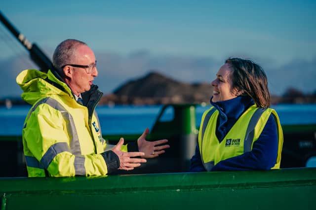 Stuart Wallace, Chief Executive Officer, Forth Ports with Deputy First Minister, Kate Forbes on board the Tug boat Camperdown