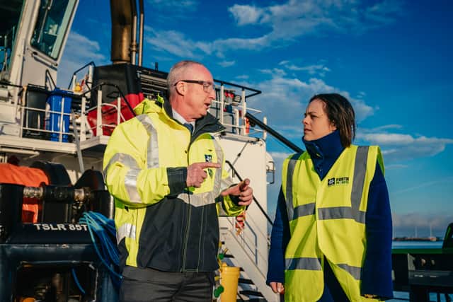 Stuart Wallace, Chief Executive Officer, Forth Ports with Deputy First Minister, Kate Forbes on board the Tug boat Camperdown