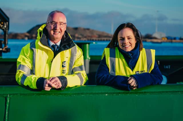 Stuart Wallace, Chief Executive Officer, Forth Ports with Deputy First Minister, Kate Forbes on board the Tug boat Camperdown