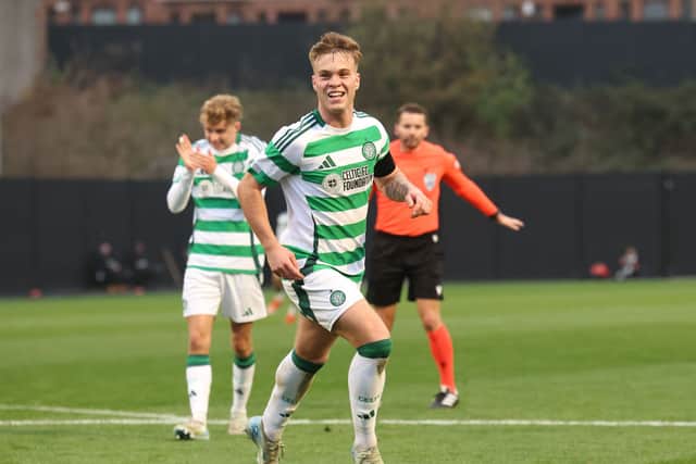 Daniel Cummings of Celtic celebrates scoring his team's third goal during the UEFA Youth League 2024/25 match between Celtic FC and RB Leipzig. Cr: Getty Images.