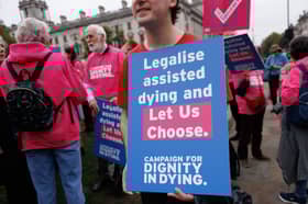 Campaigners in Parliament Square, London, in favour of the proposed bill to legalise assisted dying.