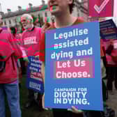Campaigners in Parliament Square, London, in favour of the proposed bill to legalise assisted dying.