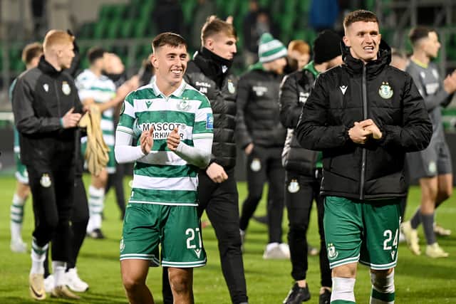 Darragh Burns and Johnny Kenny of Shamrock Rovers celebrate victory over FK Borac.