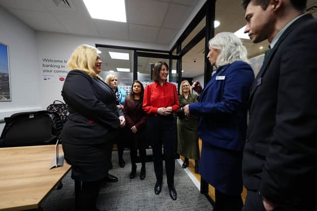 The Chancellor of the Exchequer Rachel Reeves speaks to the media about the Office for National Statistics GDP stats for October during a visit to the Darwen Banking Hub in Darwen, Lancashire.