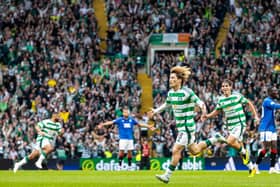 Kyogo Furuhashi celebrates after Celtic's 3-0 win over Rangers earlier this season.