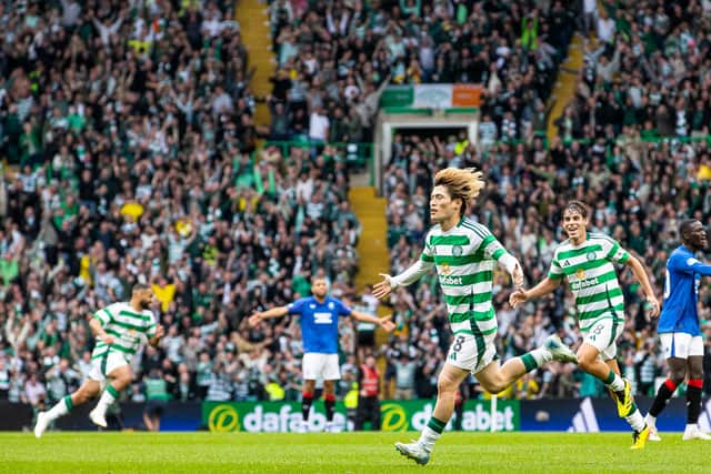 Kyogo Furuhashi celebrates after Celtic's 3-0 win over Rangers earlier this season.