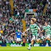 Kyogo Furuhashi celebrates after Celtic's 3-0 win over Rangers earlier this season.