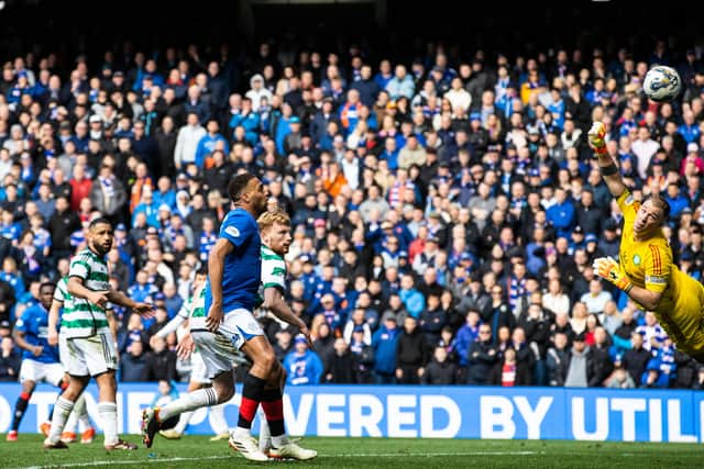 Rabbi Matondo scores for Rangers in a 3-3 draw against Celtic back in April.