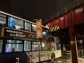 The bus stuck under the bridge on Cook Street, Glasgow