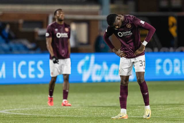 Musa Drammeh looks dejected after Hearts' defeat by Kilmarnock.