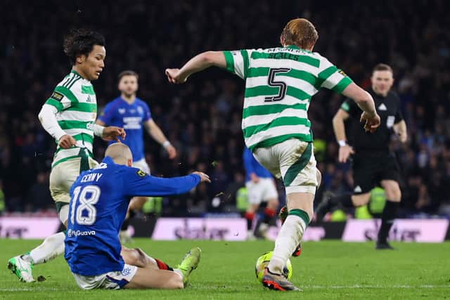 Celtic defender Liam Scales pulls down Rangers winger Vaclav Cerny in the missed penalty incident at Hampden.