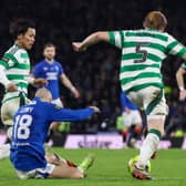 Celtic's Liam Scales (R) pulls down Rangers' Vaclav Cerny at the edge of the penalty box during the Premier Sports Cup final. (Photo by Craig Williamson / SNS Group)
