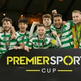 Celtic players celebrate after winning the Premier Sports Cup final following a penalty shoot-out against Rangers. (Photo by Craig Foy / SNS Group)