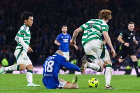 Celtic defender Liam Scales pulls down Rangers winger Vaclav Cerny in the missed penalty incident at Hampden.