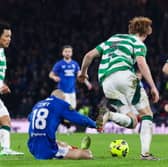 Celtic defender Liam Scales pulls down Rangers winger Vaclav Cerny in the missed penalty incident at Hampden.