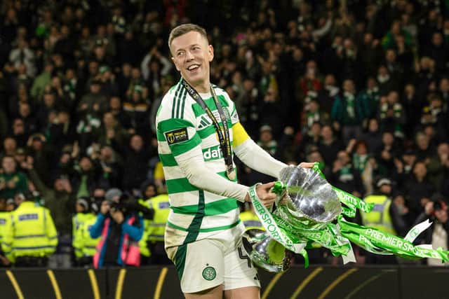Celtic captain Callum McGregor with the Premier Sports Cup after the penalty shoot-out win over Rangers at Hampden. (Photo by Craig Foy / SNS Group)