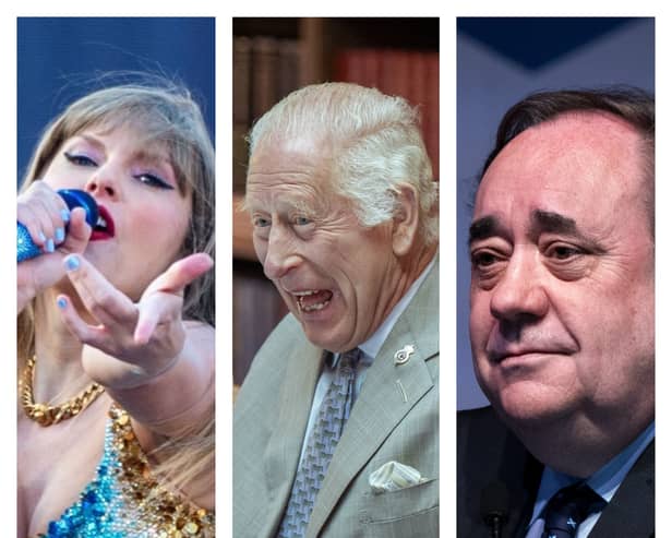 From left to right: Taylor Swift, King Charles and Alex Salmond all feature in our 2024 Big Boxing Day Quiz