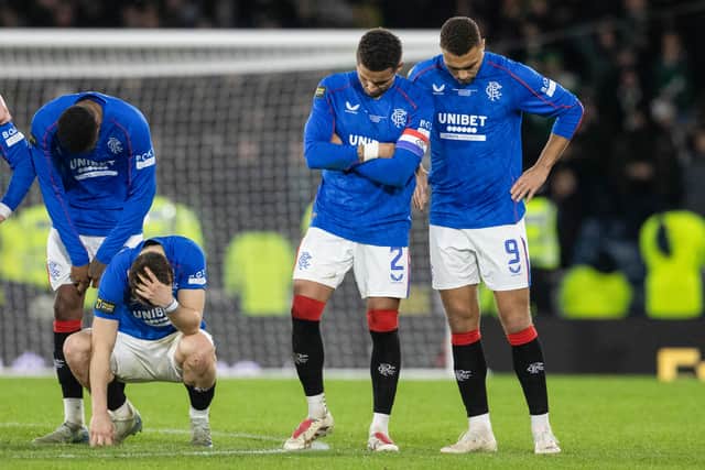 Rangers' Dujon Sterling, Nicolas Raskin, James Tavernier and Cyriel Dessers look dejected following the penalty shootout during the Premier Sports Cup Final to Celtic. Cr. SNS Group.