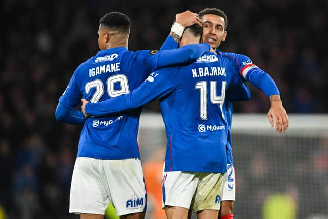 Rangers' Nedim Bajrami (centre) celebrates scoring to make it 1-0 with James Tavernier and Hamza Igamane. Cr. SNS Group.