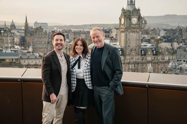 Martin Compston, Emily Hampshire and Iain Glen launching the new season of The Rig in Edinburgh, where the supernatural thriller was made. Picture: Jamie Simpson / Prime Video 