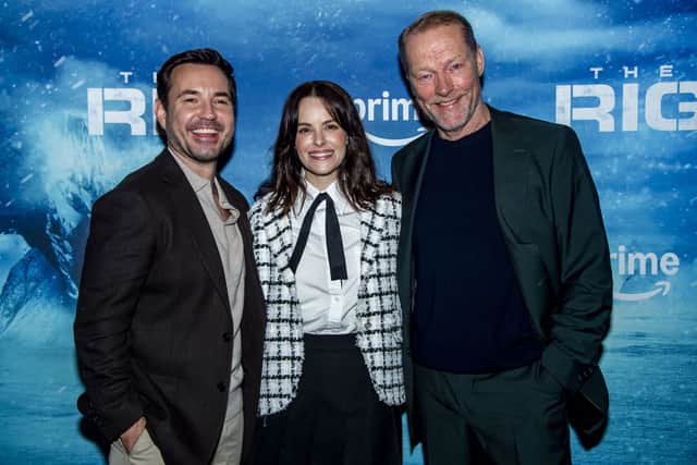 Emily Hampshire with Martin Compston and Iain Glen at the premiere of Season Two of The Rig in Edinburgh, where it was filmed.
