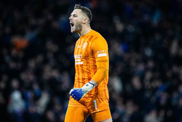 Rangers' Jack Butland celebrates after Nedim Bajrami scores to make it 1-0 during the Premier Sports Cup Final. Cr: SNS Group.