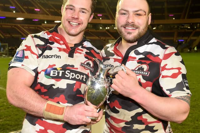 Edinburgh's Allan Dell (left) and Rory Sutherland celebrate winning the 1872 Cup in 2015. Both are now Glasgow players.