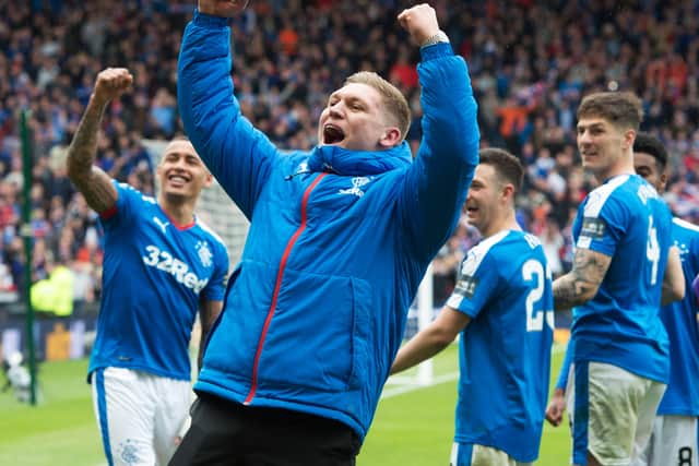 Rangers' Martyn Waghorn celebrates the Scottish Cup final win over Celtic at Hampden Park in 2016. Cr: SNS Group.