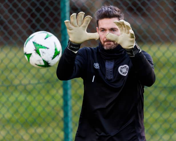 Craig Gordon during a Hearts training session ahead of the UEFA Conference League match against Petrocub. (Photo by Mark Scates / SNS Group)