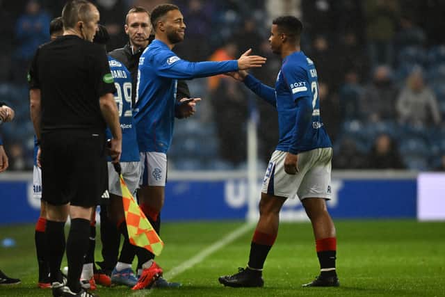 Rangers Cyriel Dessers replaces Hamza Igamane during a William Hill Premiership match between Rangers and Kilmarnock. Cr: SNS Group.