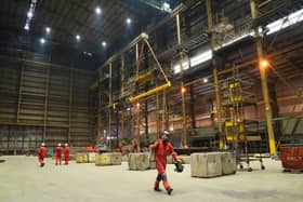 Workers in the hall of the Harland & Wolff construction yard in Methil, east Scotland