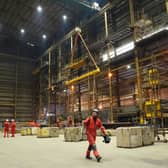 Workers in the hall of the Harland & Wolff construction yard in Methil, east Scotland