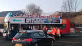 The scene in Culzean Crescent, Kilmarnock, where a double-decker bus crashed into a railway bridge
