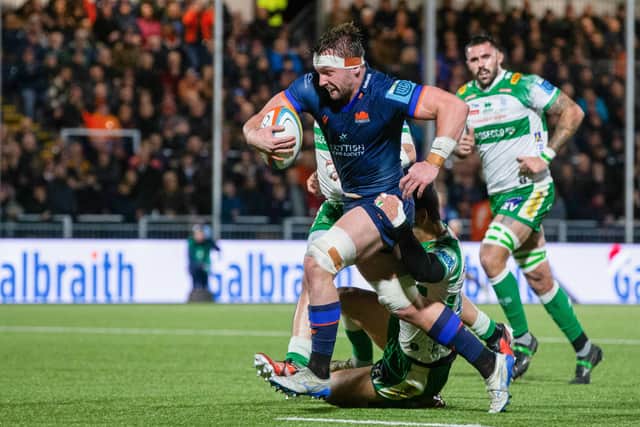 Edinburgh's Ben Muncaster runs through to score a first half try against Benetton at Hive Stadium last month. (Photo by Ewan Bootman / SNS Group)