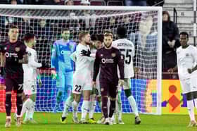 Hearts players are left dejected after Petrocub score to make it 2-2 at Tynecastle. (Photo by Ross Parker / SNS Group)