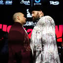 Tyson Fury (R) and Oleksandr Usyk face off ahead of the IBF, IBO, WBA, WBC and WBO Undisputed World Heavyweight Title fight. Cr: Getty Images.